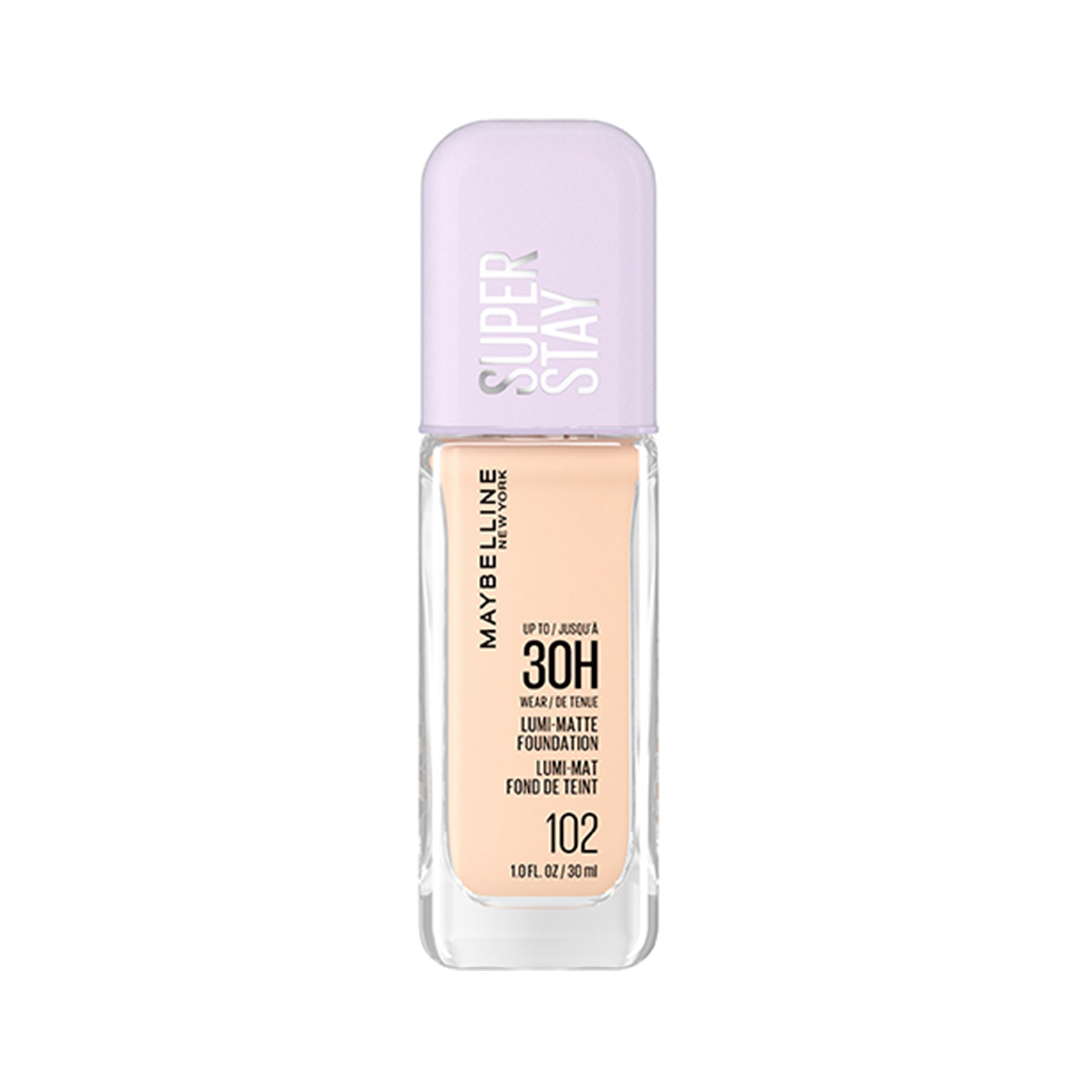 Fond de teint mat lumineux Superstay de Maybelline New York, jusqu’à 30 h de tenue, mat lumineux, couvrance modulable, acides aminés, 102, 35 ml