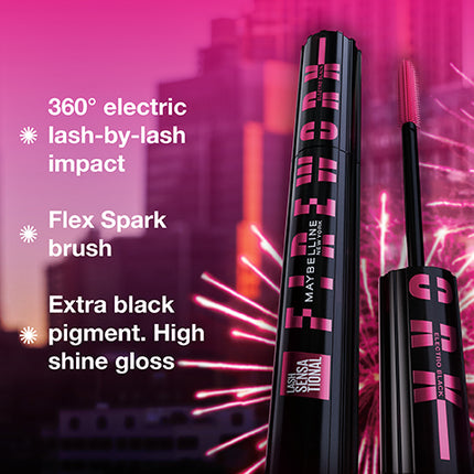 Mascara Lash Sensational Firework de Maybelline, mascara lavable, volumisant, impact 360◦ effet éventail, Ultra Noir, 10 ml