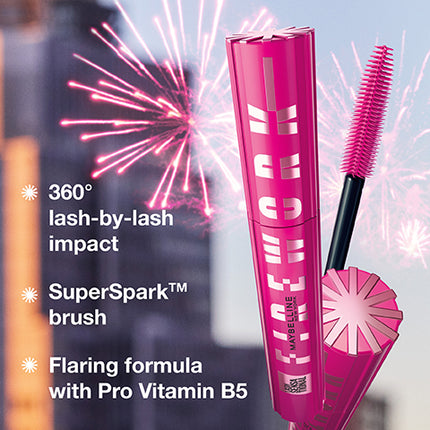Mascara Lash Sensational Firework de Maybelline, mascara lavable, volumisant, impact 360◦ effet éventail, Ultra Noir, 10 ml
