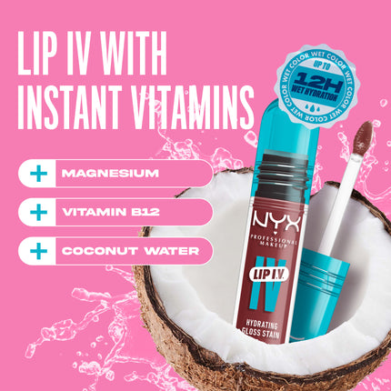 NYX Professional Makeup Lip IV Hydrating Gloss Stain, Lip Gloss, Infused with VITAMINS & COCONUT WATER, Up to 12HR Hydration, High Pigment, Wet Shine Finish