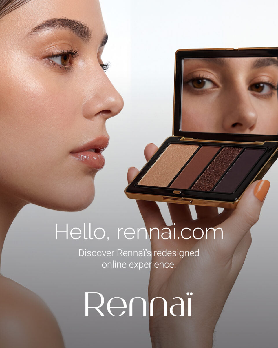 Woman holding a makeup palette with Rennai branding and website text.